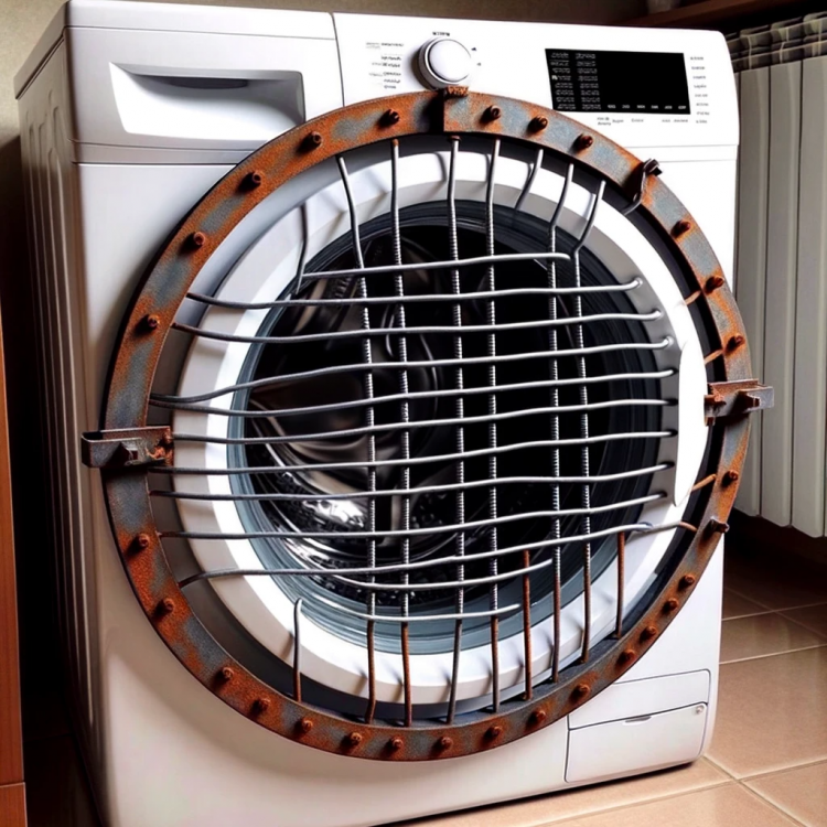 DALL·E 2024-01-05 17.56.15 - A washing machine featuring a round, glass door protected by a DIY grille made from parallel rusty steel bars welded to a round frame. The grille is s.png